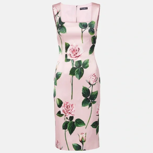 Dolce&Gabbana Rose Floral Satin Cocktail Midi Dress - Picture 2 of 5